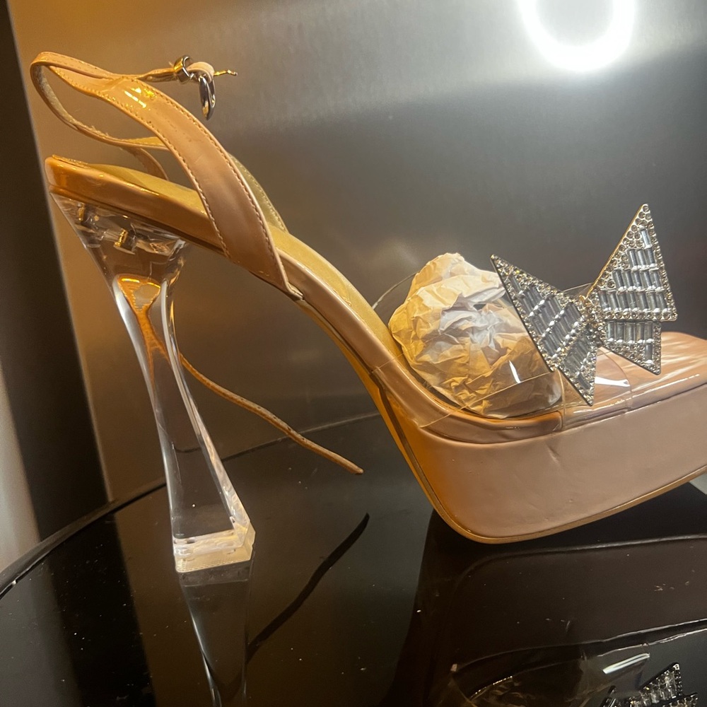 Elegant Women's Tan High Heels with Crystal Bow
